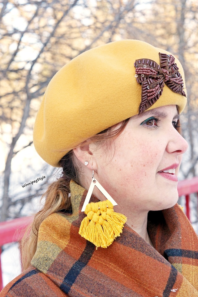 Winnipeg Style, Canadian Fashion Blog, Galliano Sorbatti yellow wool headed bow hat, Nique Rayne macrame wood earrings